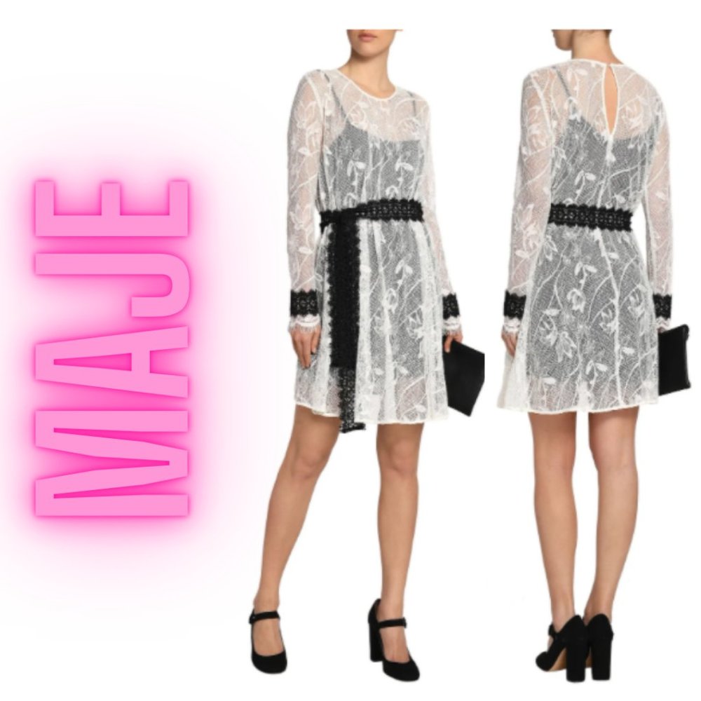 Maje Belted White Corded Lace Dress Size M EUR 4/6